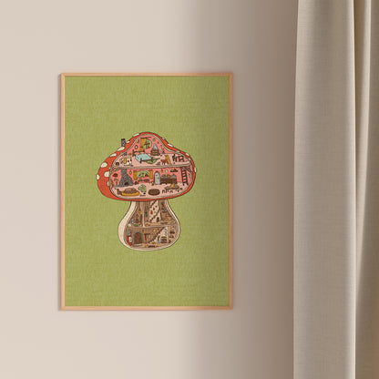 Tiny Mushroom Cottage print - A4